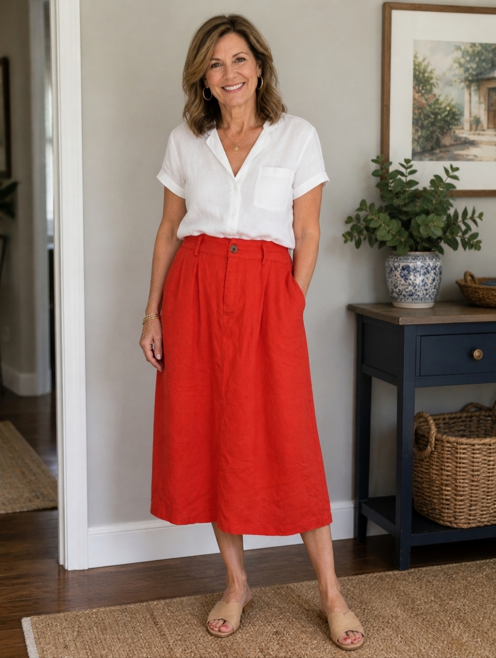 A New Day Bright Red Midi Skirt